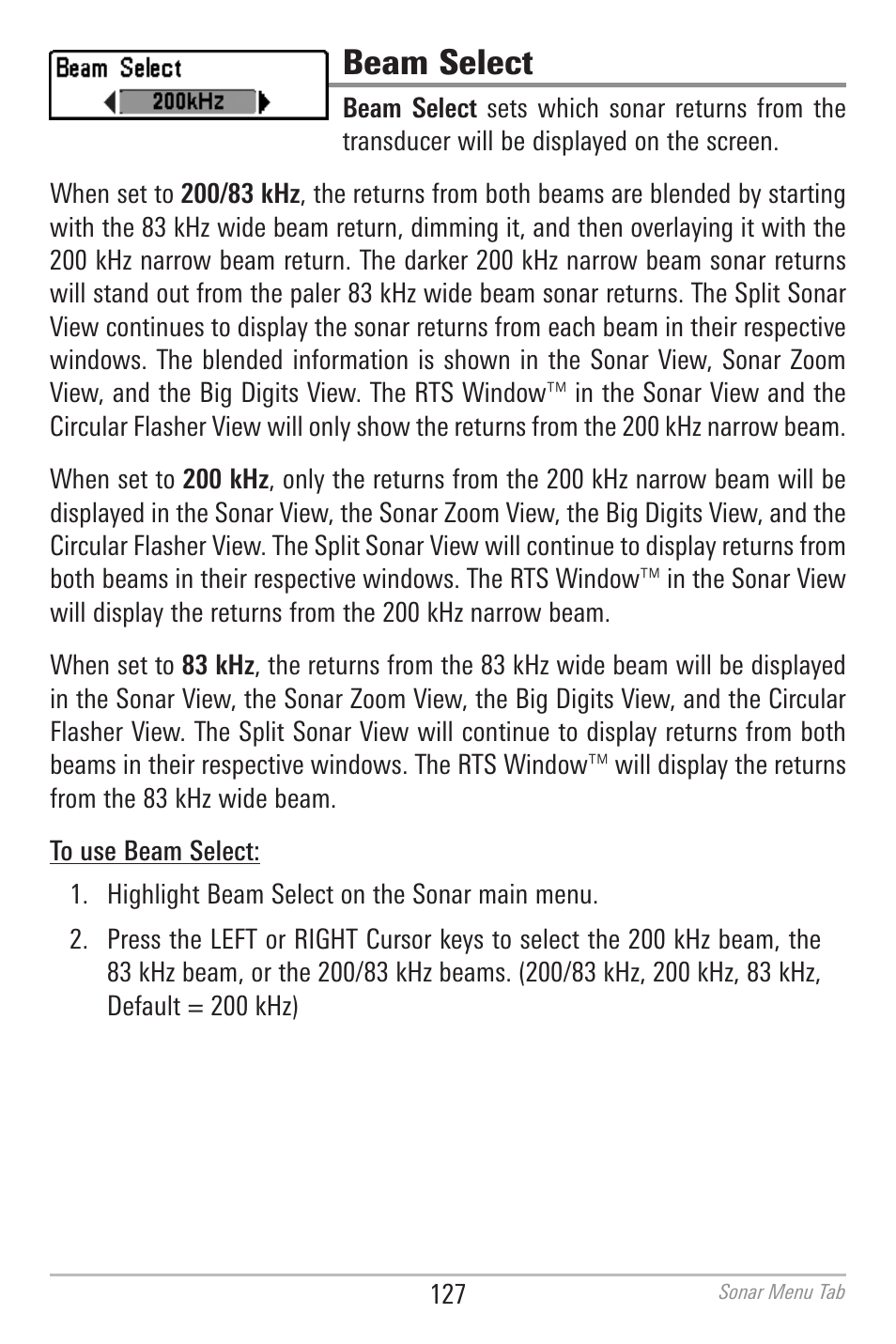 Beam select | Humminbird 700 SERIES 798CI User Manual | Page 139 / 210