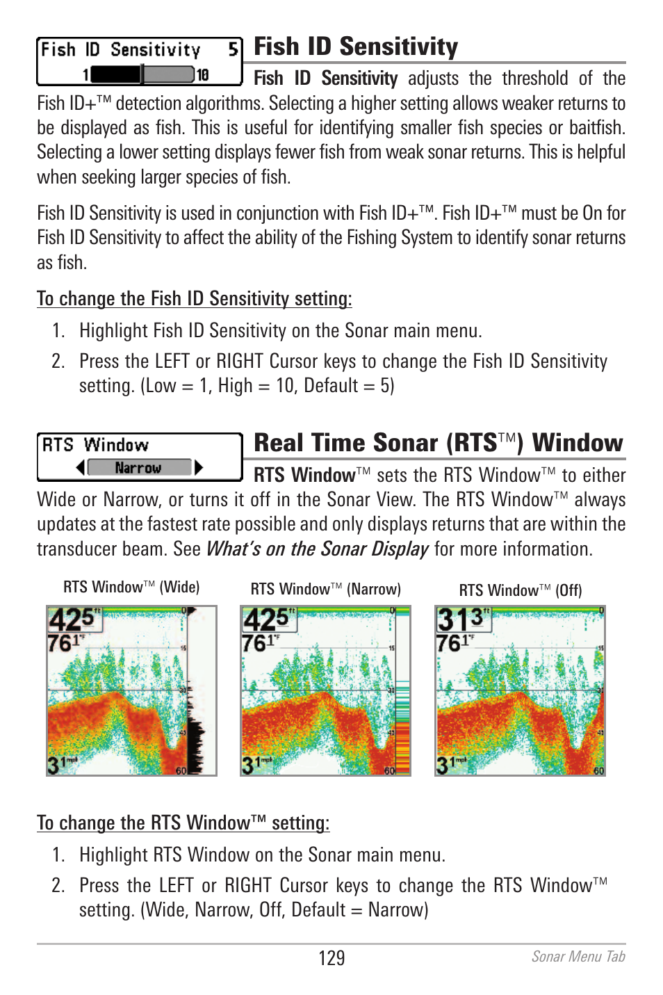 Fish id sensitivity, Real time sonar (rts ™ ) window | Humminbird 700 SERIES 798CI User Manual | Page 141 / 210
