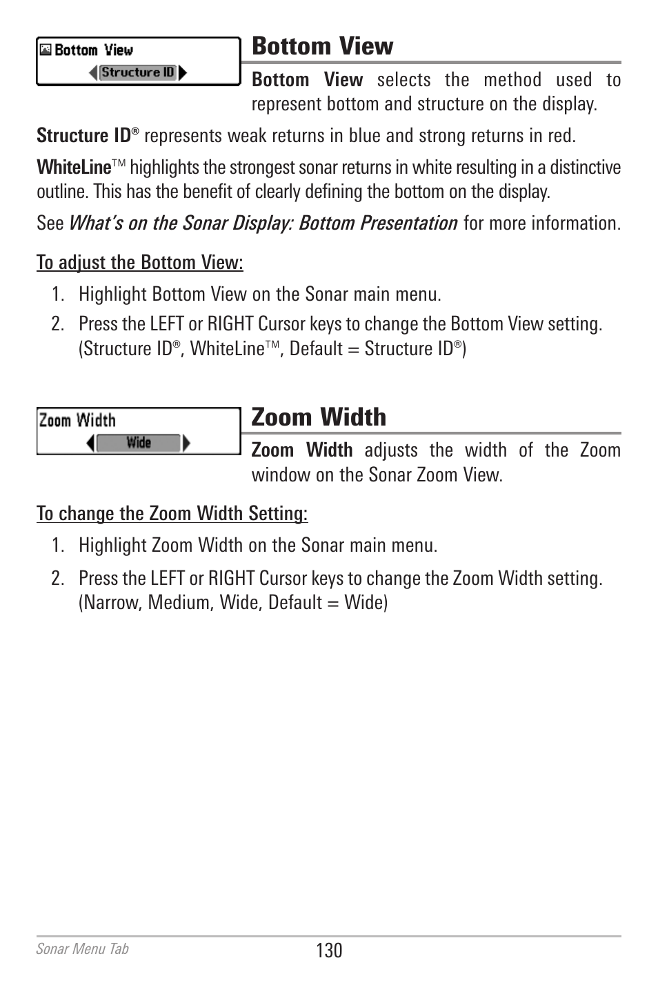 Bottom view, Zoom width | Humminbird 700 SERIES 798CI User Manual | Page 142 / 210