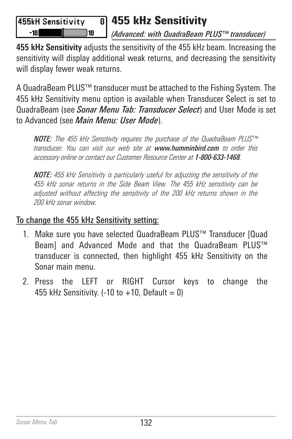 455 khz sensitivity | Humminbird 700 SERIES 798CI User Manual | Page 144 / 210