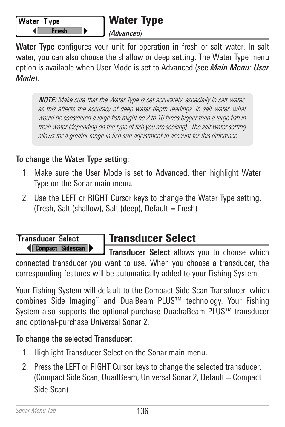 Water type, Transducer select | Humminbird 700 SERIES 798CI User Manual | Page 148 / 210