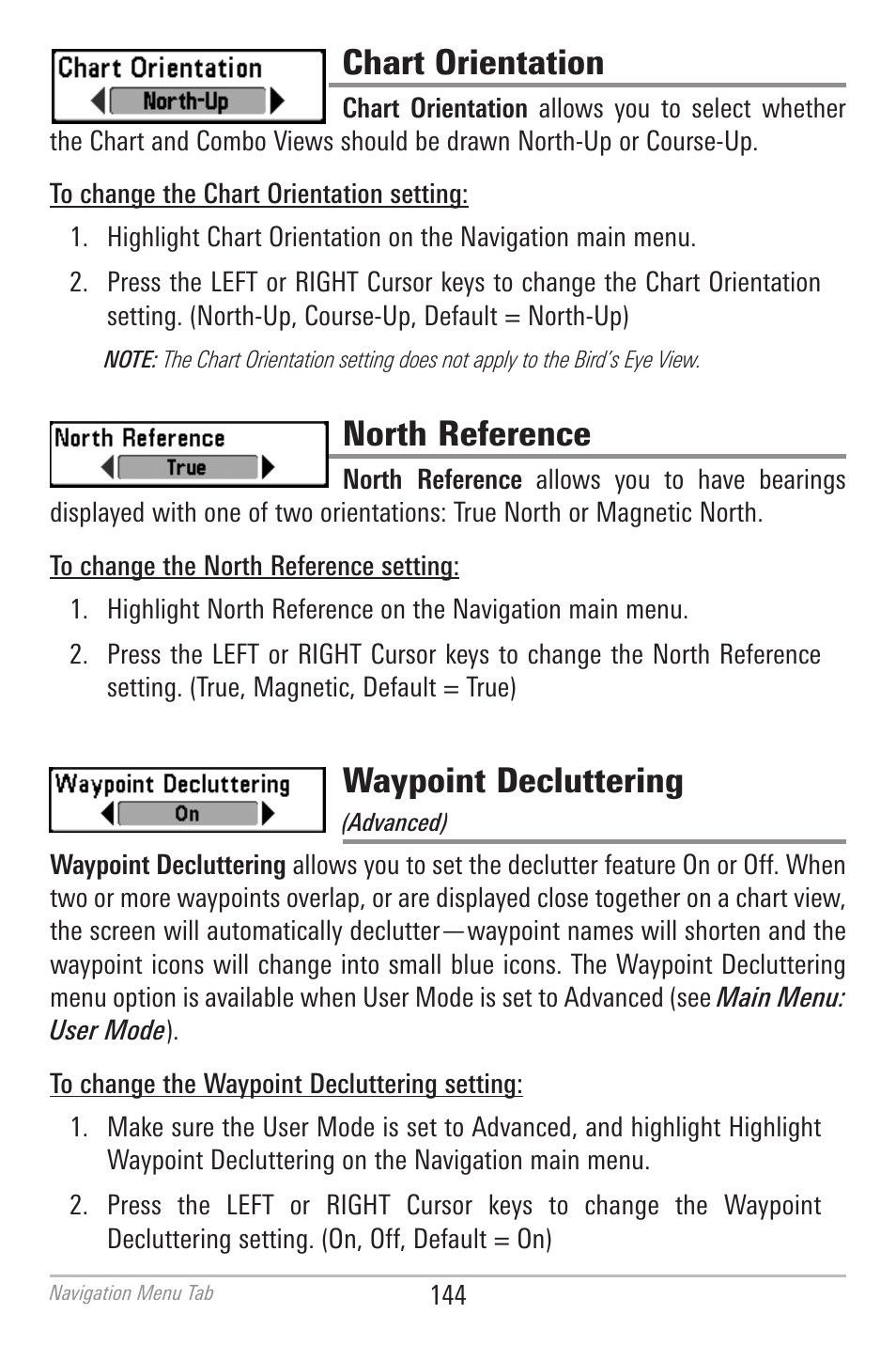 Chart orientation, North reference, Waypoint decluttering | Humminbird 700 SERIES 798CI User Manual | Page 156 / 210