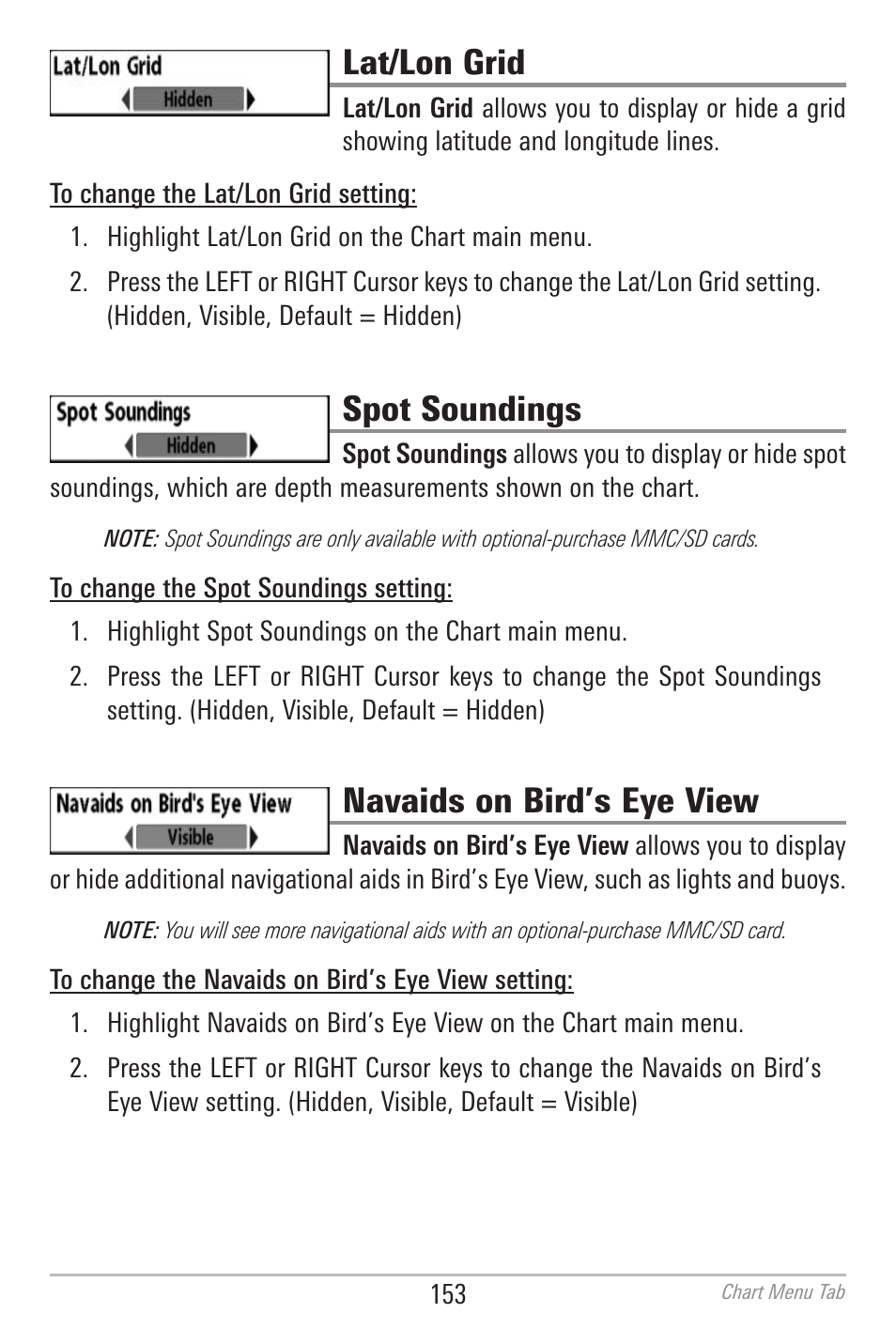 Lat/lon grid, Spot soundings, Navaids on bird’s eye view | Humminbird 700 SERIES 798CI User Manual | Page 165 / 210