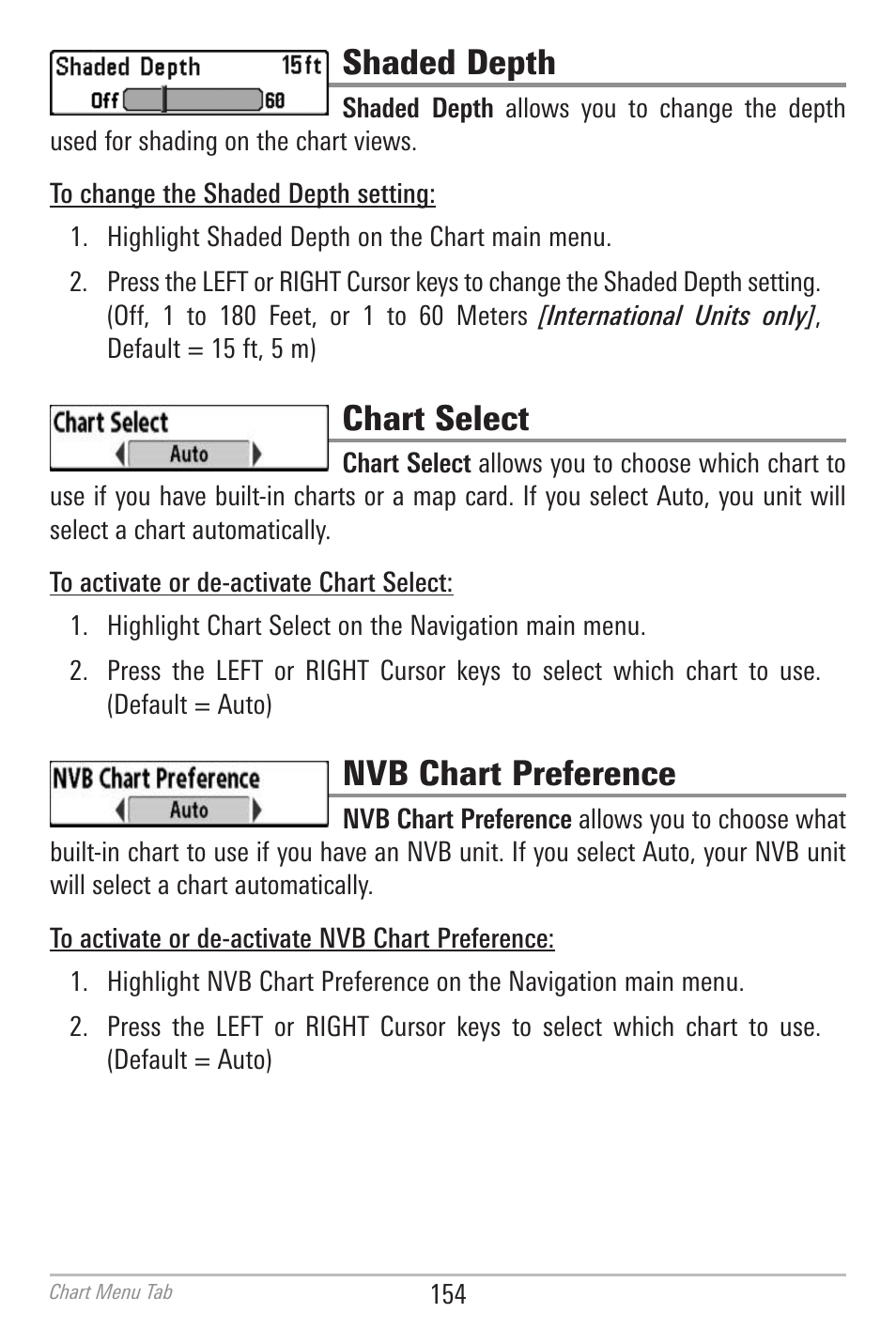 Shaded depth, Chart select, Nvb chart preference | Humminbird 700 SERIES 798CI User Manual | Page 166 / 210
