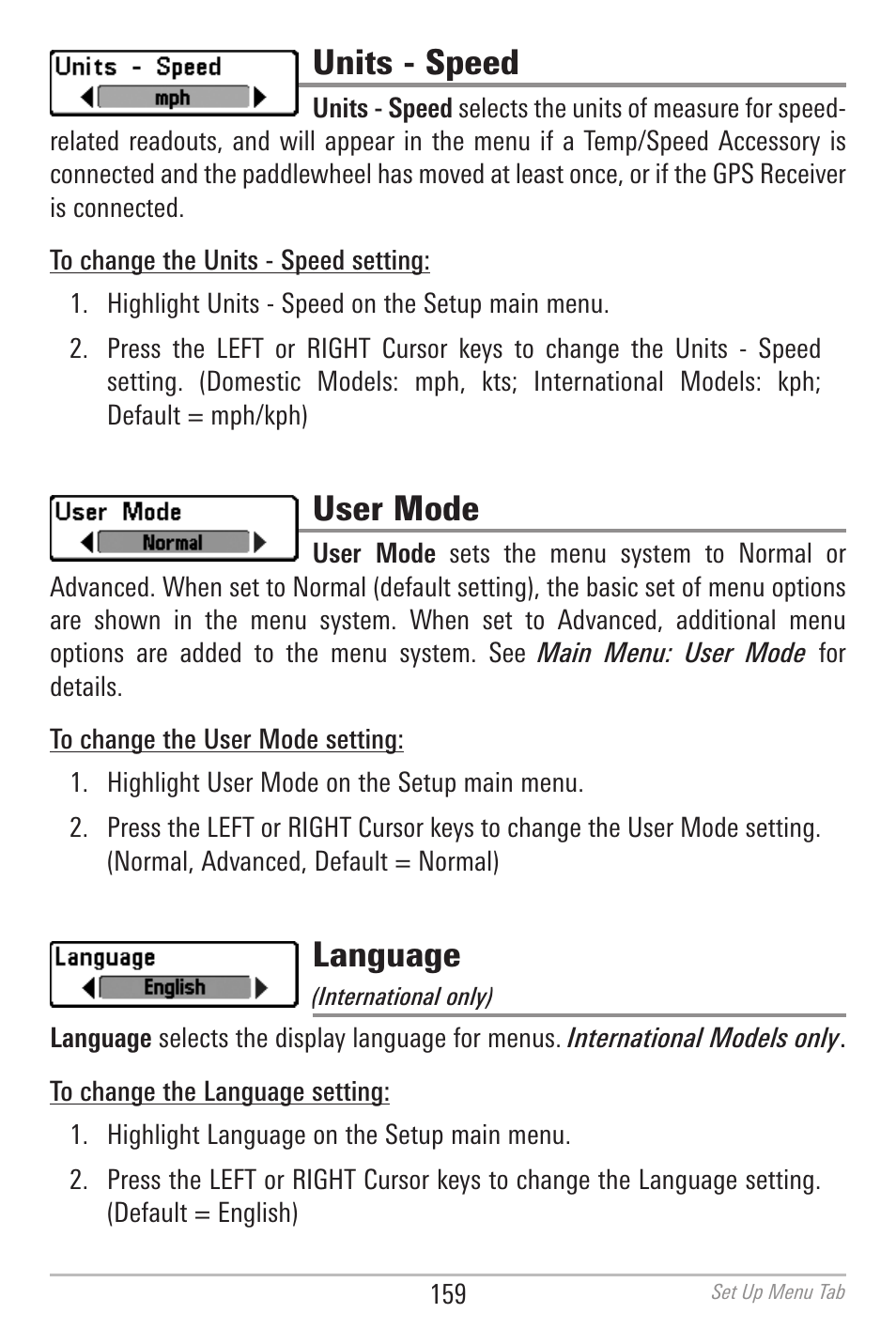 Units - speed, User mode, Language | Humminbird 700 SERIES 798CI User Manual | Page 171 / 210