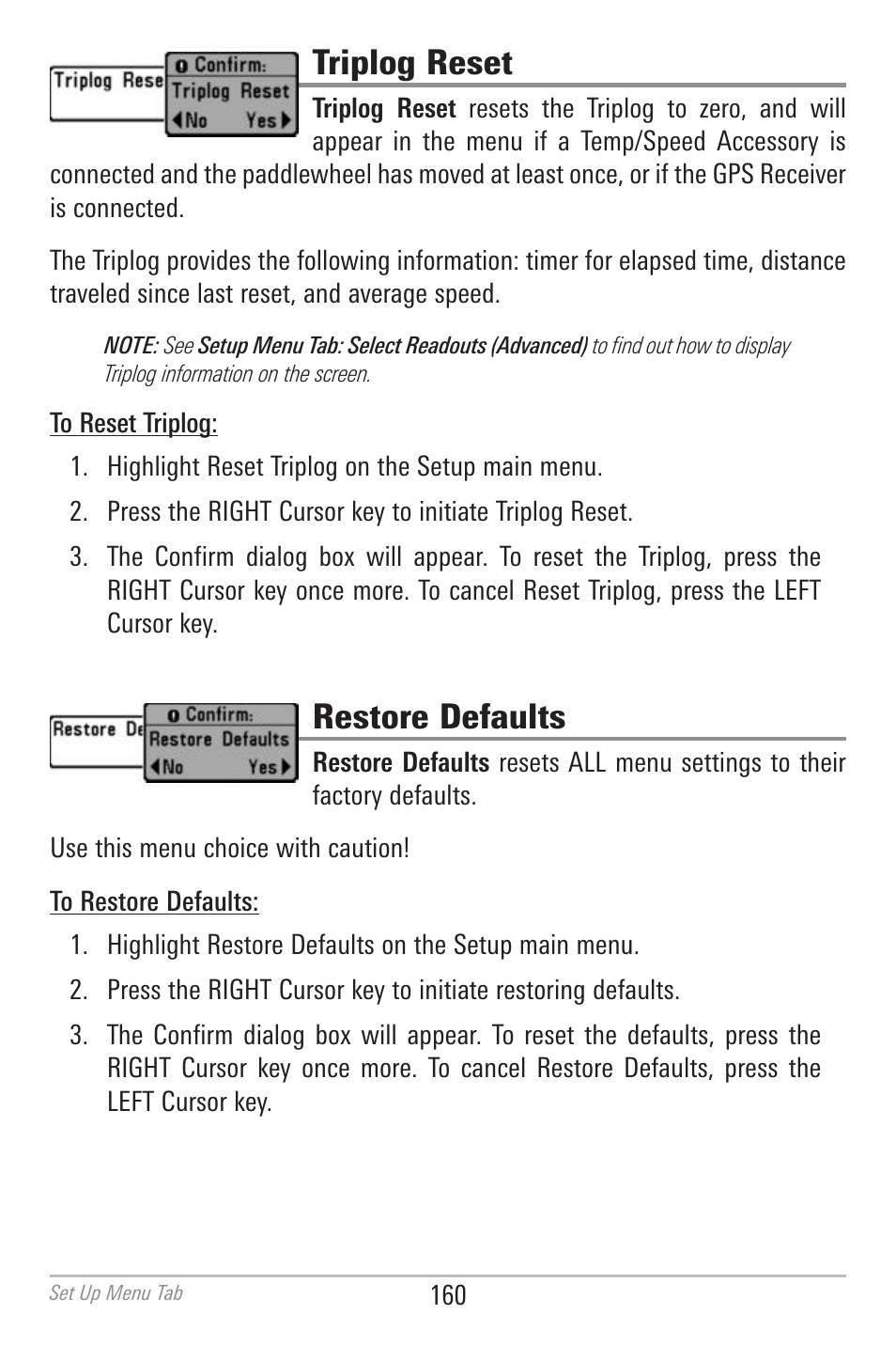 Triplog reset, Restore defaults | Humminbird 700 SERIES 798CI User Manual | Page 172 / 210