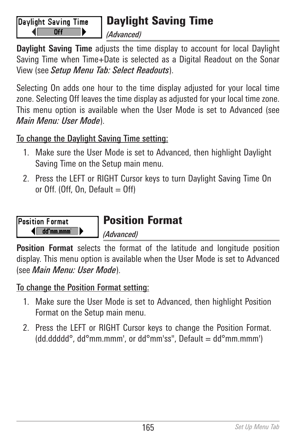 Daylight saving time, Position format | Humminbird 700 SERIES 798CI User Manual | Page 177 / 210