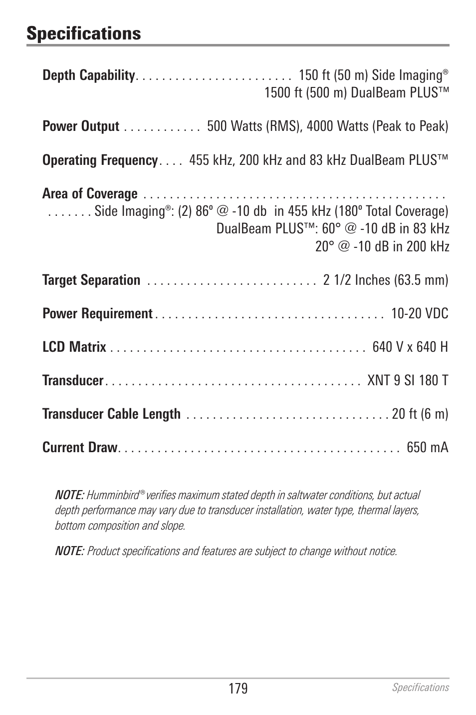 Specifications | Humminbird 700 SERIES 798CI User Manual | Page 191 / 210