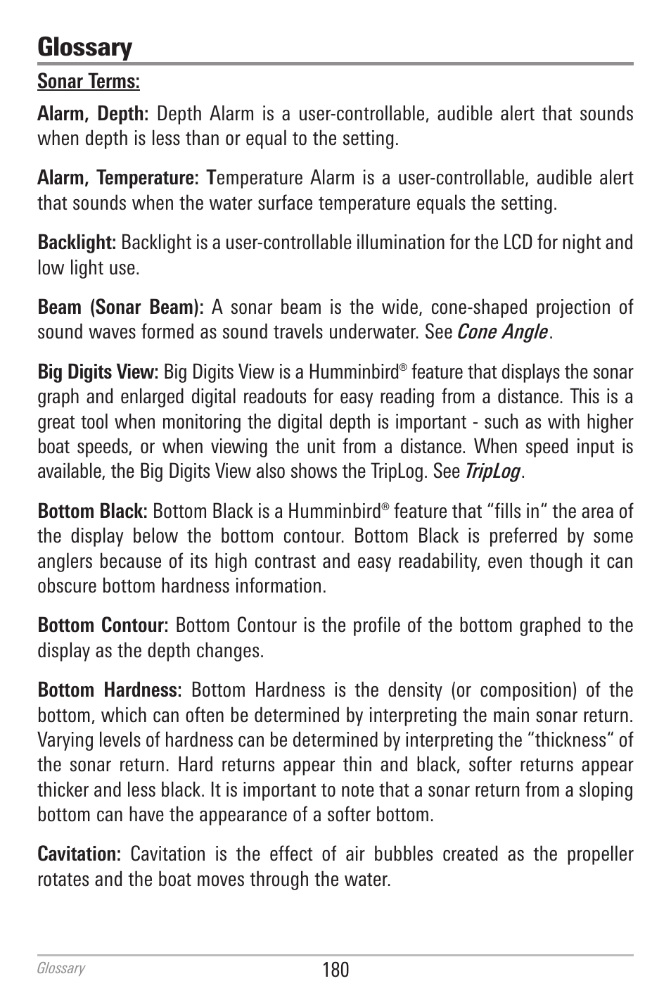Glossary, Sonar terms | Humminbird 700 SERIES 798CI User Manual | Page 192 / 210