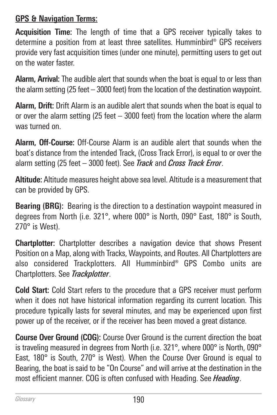 Gps & navigation terms | Humminbird 700 SERIES 798CI User Manual | Page 202 / 210
