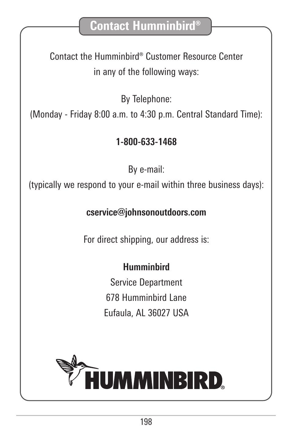 Contact humminbird | Humminbird 700 SERIES 798CI User Manual | Page 210 / 210