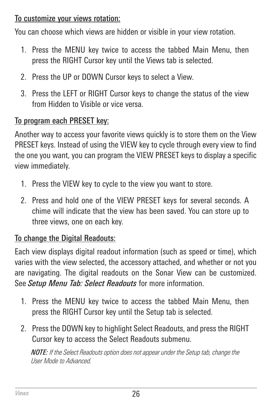To customize your views rotation, To program each preset key, To change the digital readouts | Humminbird 700 SERIES 798CI User Manual | Page 38 / 210