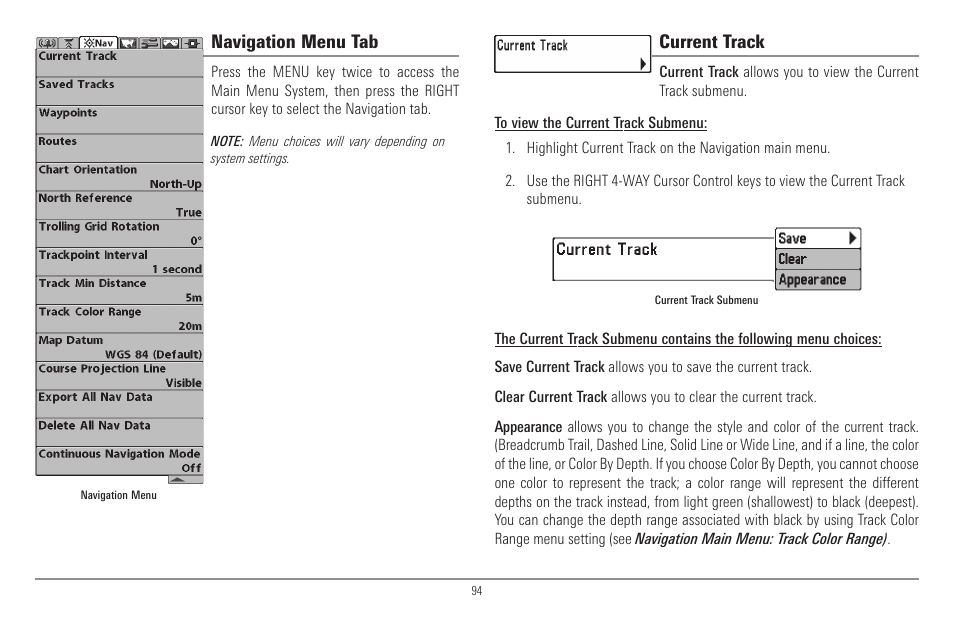 Navigation menu tab, Current track | Humminbird 900 Series User Manual | Page 101 / 146