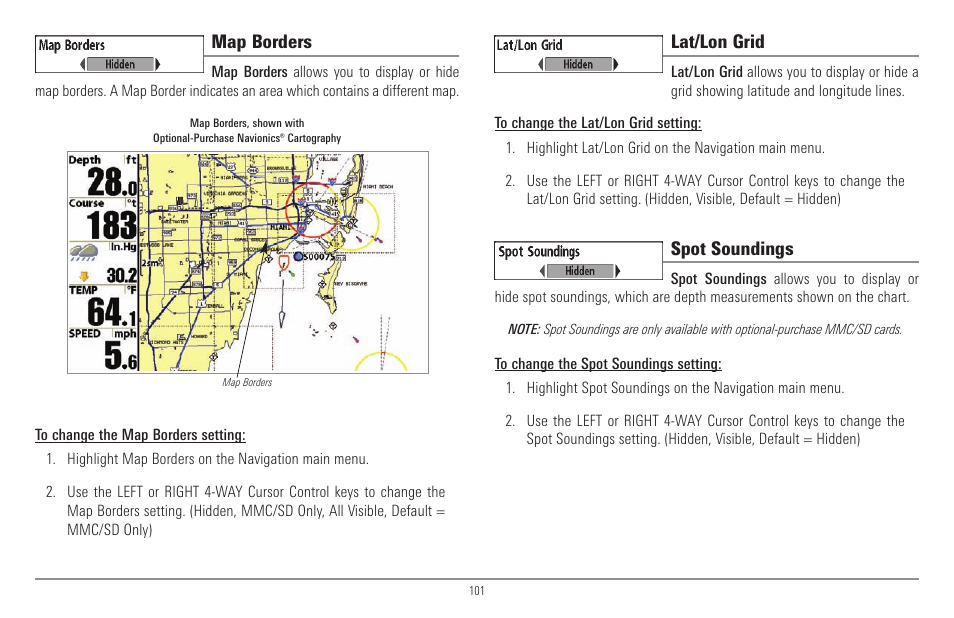 Map borders, Lat/lon grid, Spot soundings | Humminbird 900 Series User Manual | Page 108 / 146