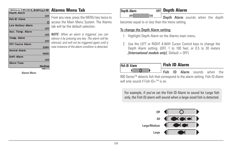 Alarms menu tab, Depth alarm, Fish id alarm | Humminbird 900 Series User Manual | Page 111 / 146