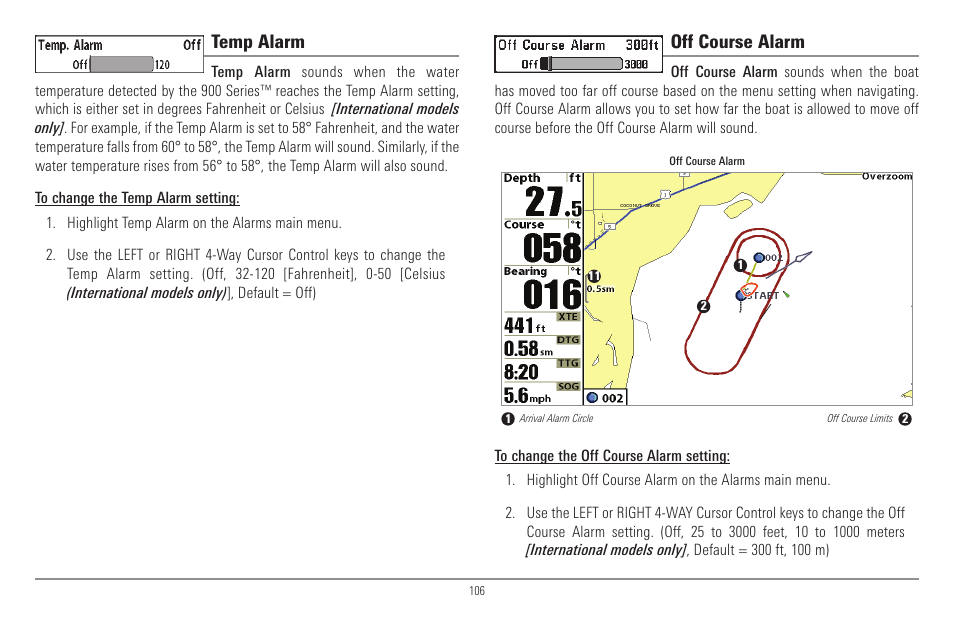 Temp alarm, Off course alarm | Humminbird 900 Series User Manual | Page 113 / 146