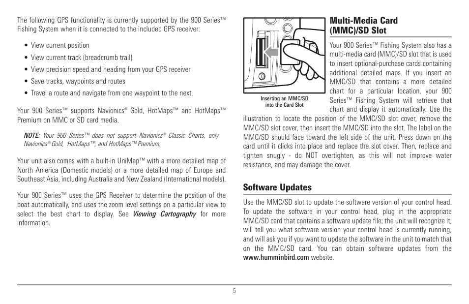 Multi-media card (mmc)/sd slot, Software updates | Humminbird 900 Series User Manual | Page 12 / 146