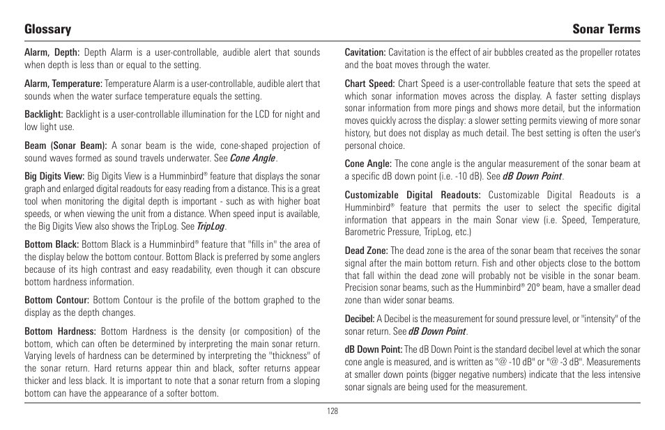 Glossary sonar terms | Humminbird 900 Series User Manual | Page 135 / 146
