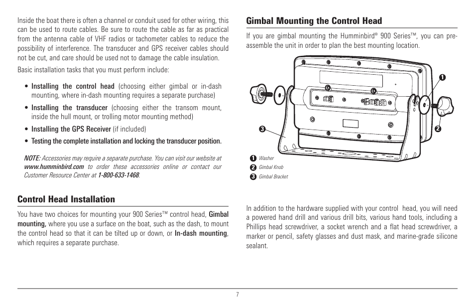 Control head installation, Gimbal mounting the control head | Humminbird 900 Series User Manual | Page 14 / 146