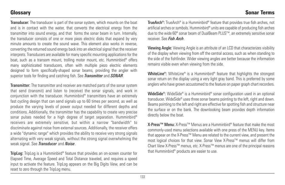 Glossary sonar terms | Humminbird 900 Series User Manual | Page 140 / 146