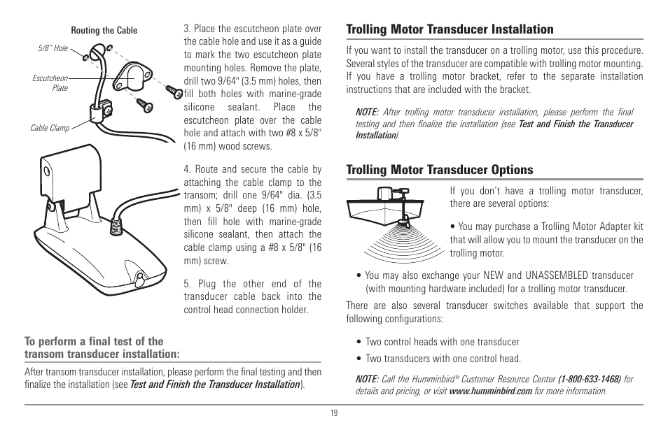 Trolling motor transducer installation, Trolling motor transducer options | Humminbird 900 Series User Manual | Page 26 / 146