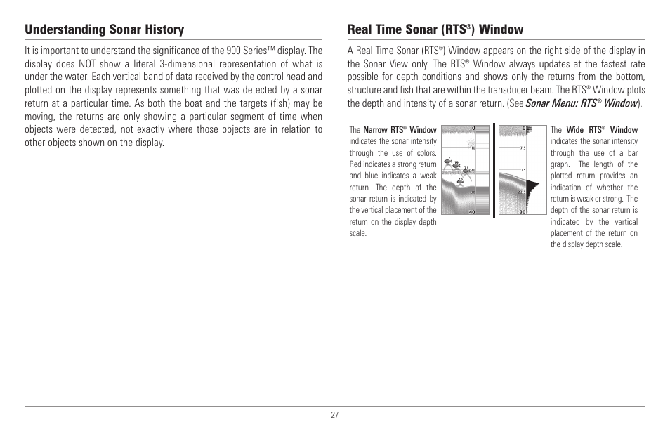 Understanding sonar history, Real time sonar (rts®) window | Humminbird 900 Series User Manual | Page 34 / 146