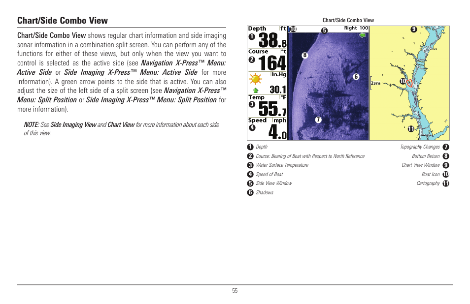 Chart/side combo view | Humminbird 900 Series User Manual | Page 62 / 146