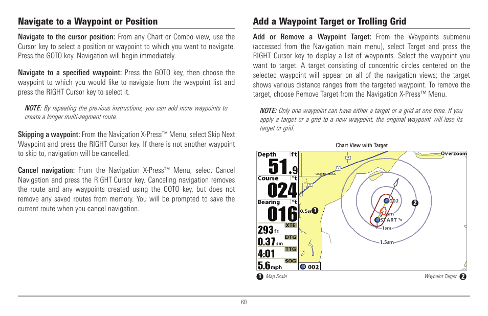 Navigate to a waypoint or position, Add a waypoint target or trolling grid | Humminbird 900 Series User Manual | Page 67 / 146