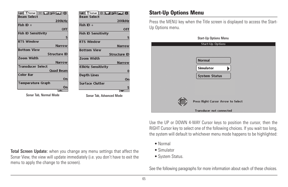 Start-up options menu | Humminbird 900 Series User Manual | Page 72 / 146