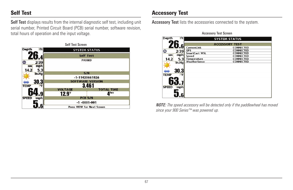 Self test, Accessory test | Humminbird 900 Series User Manual | Page 74 / 146