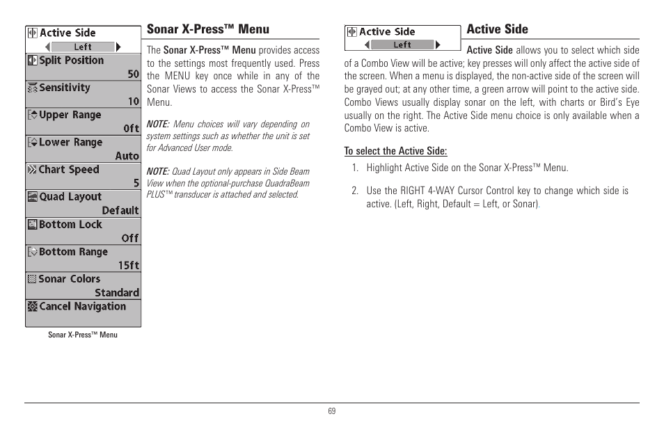 Sonar x-press™ menu, Active side | Humminbird 900 Series User Manual | Page 76 / 146