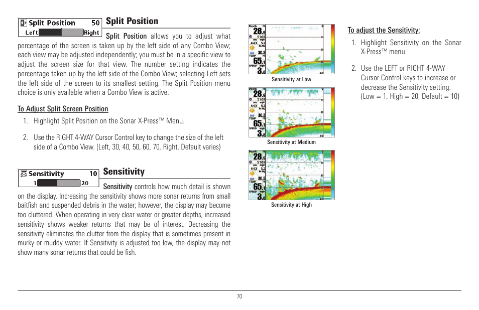 Split position, Sensitivity | Humminbird 900 Series User Manual | Page 77 / 146