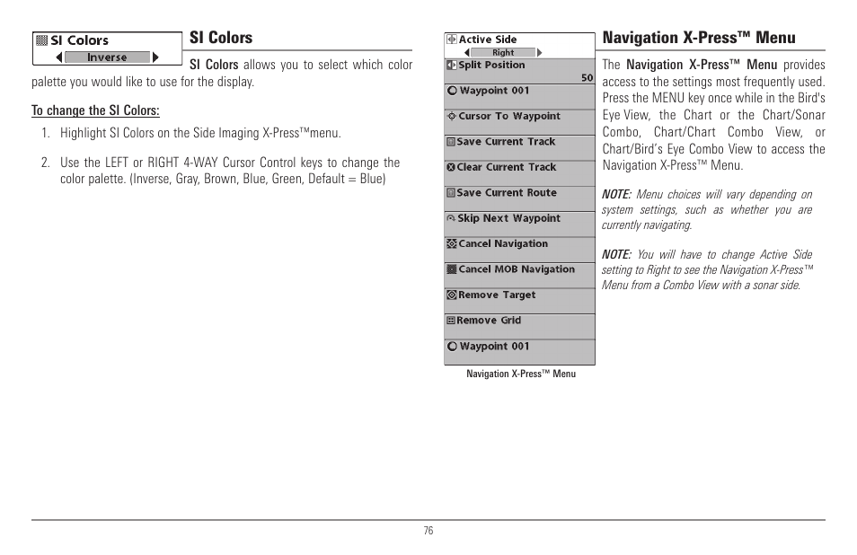 Si colors, Navigation x-press™ menu | Humminbird 900 Series User Manual | Page 83 / 146
