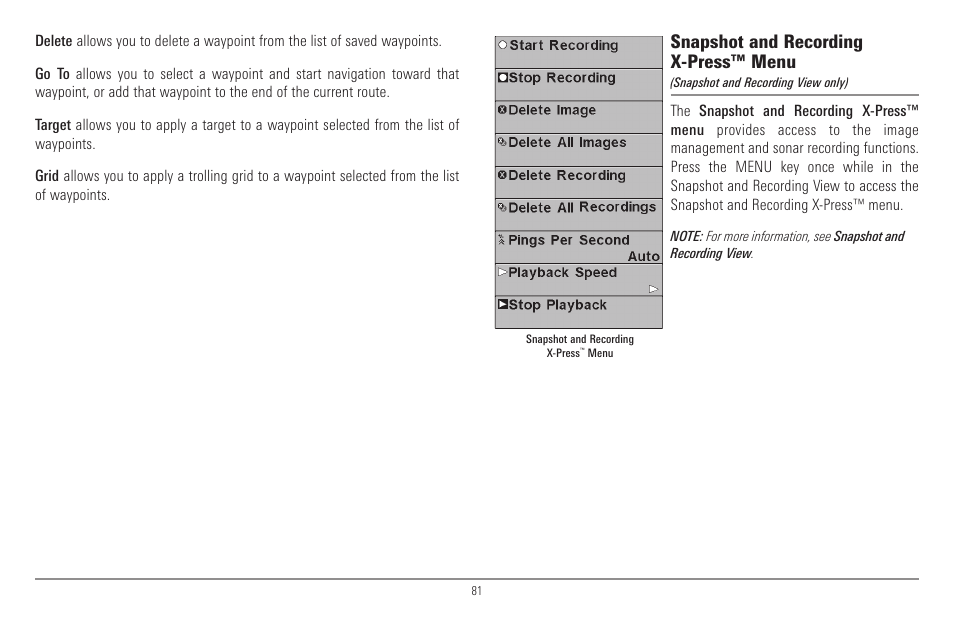 Snapshot and recording x-press™ menu | Humminbird 900 Series User Manual | Page 88 / 146