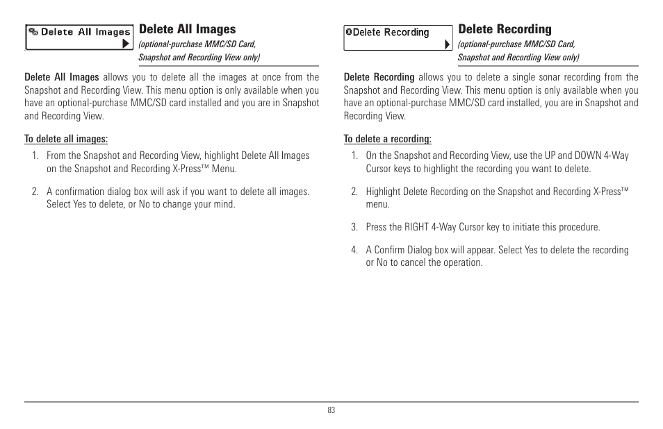 Delete all images, Delete recording | Humminbird 900 Series User Manual | Page 90 / 146