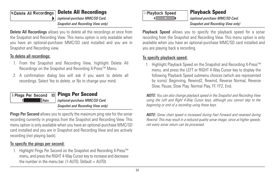 Delete all recordings, Pings per second, Playback speed | Humminbird 900 Series User Manual | Page 91 / 146