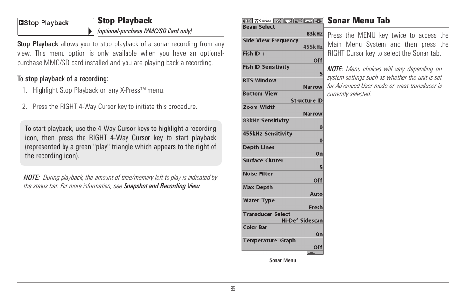 Stop playback, Sonar menu tab | Humminbird 900 Series User Manual | Page 92 / 146