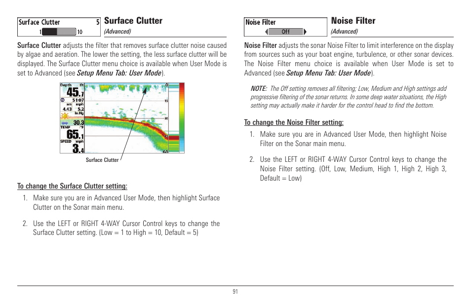 Surface clutter, Noise filter | Humminbird 900 Series User Manual | Page 98 / 146