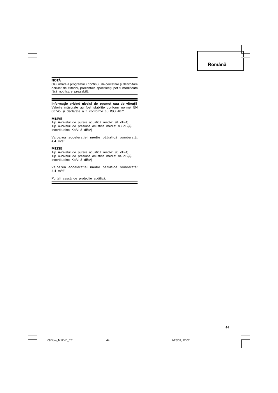 Română | Humminbird M 12VE User Manual | Page 45 / 60