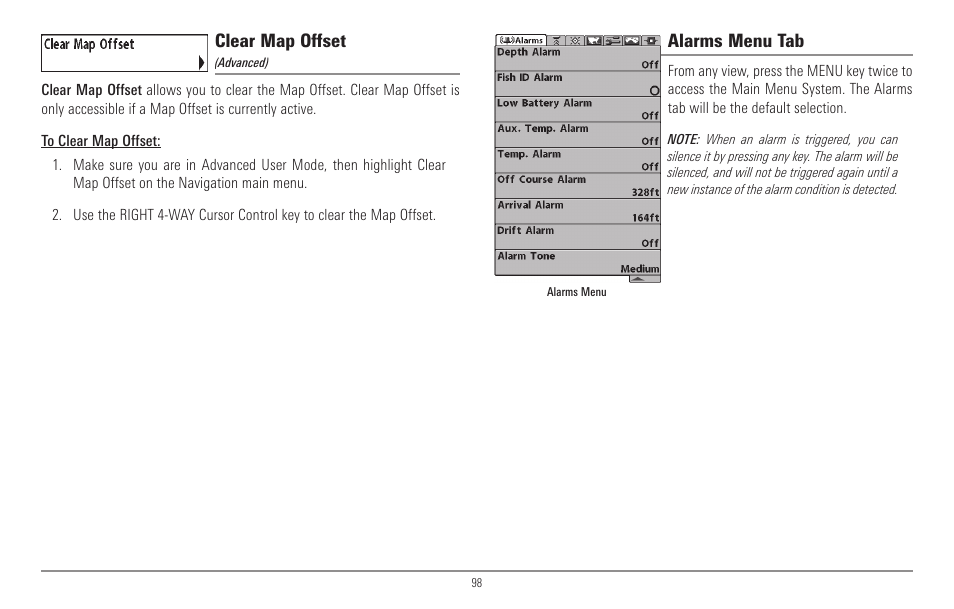 Clear map offset, Alarms menu tab | Humminbird 967C User Manual | Page 106 / 143