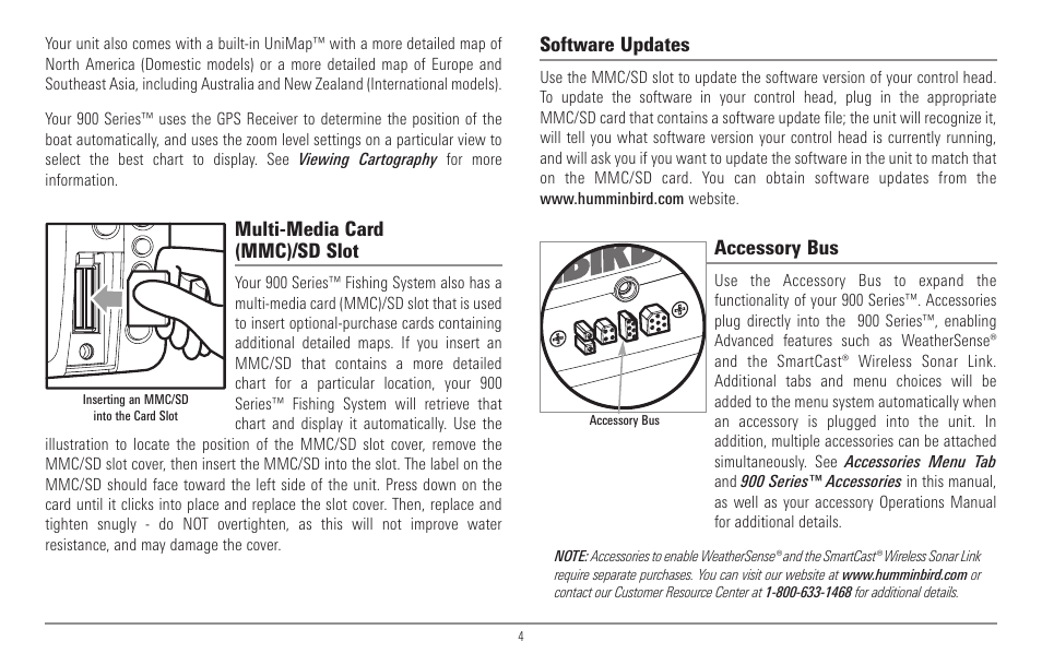 Multi-media card (mmc)/sd slot, Software updates, Accessory bus | Humminbird 967C User Manual | Page 12 / 143