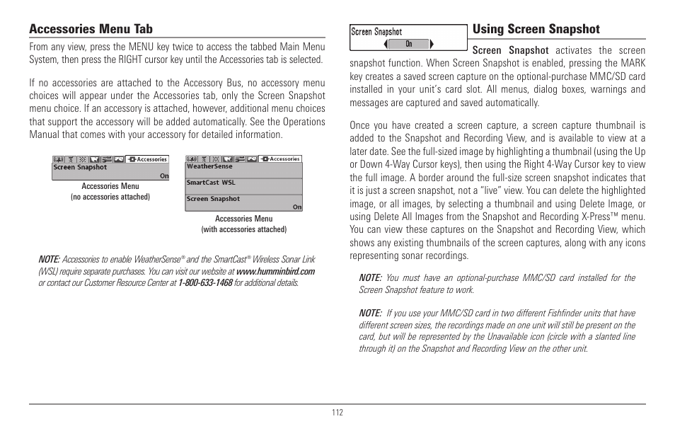 Accessories menu tab, Using screen snapshot | Humminbird 967C User Manual | Page 120 / 143