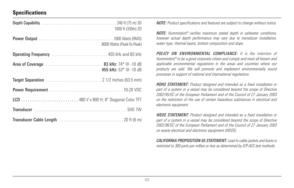 Specifications | Humminbird 967C User Manual | Page 129 / 143