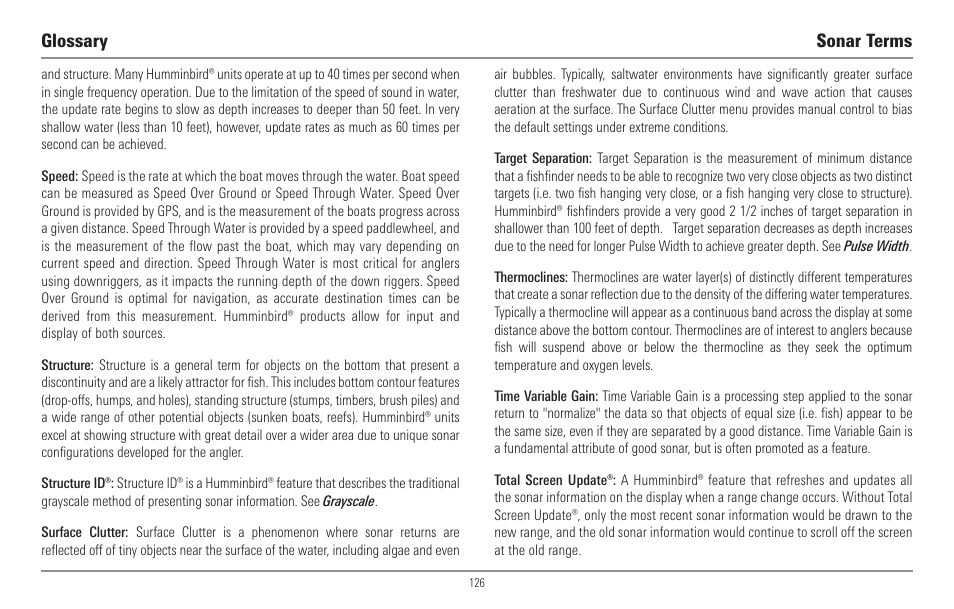 Glossary sonar terms | Humminbird 967C User Manual | Page 134 / 143