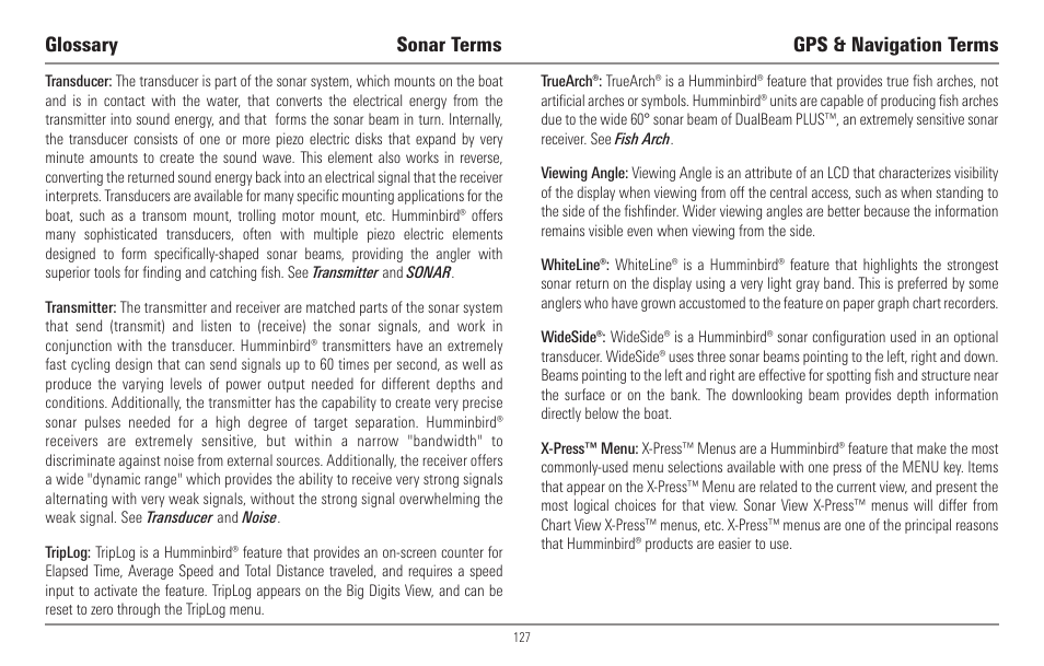 Glossary sonar terms gps & navigation terms | Humminbird 967C User Manual | Page 135 / 143