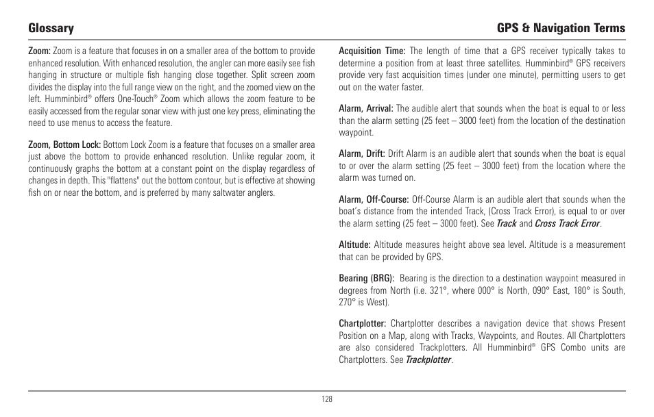 Glossary gps & navigation terms | Humminbird 967C User Manual | Page 136 / 143