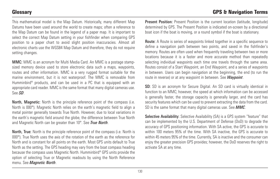 Glossary gps & navigation terms | Humminbird 967C User Manual | Page 138 / 143