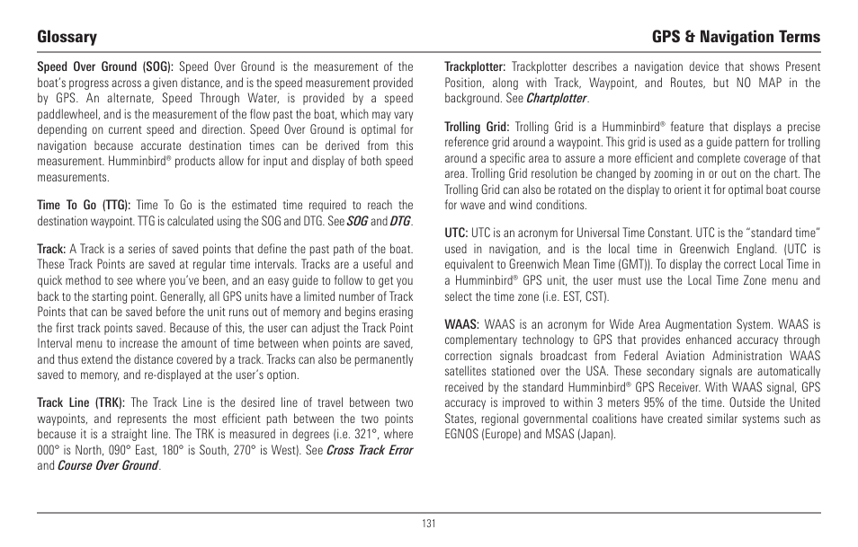 Glossary gps & navigation terms | Humminbird 967C User Manual | Page 139 / 143