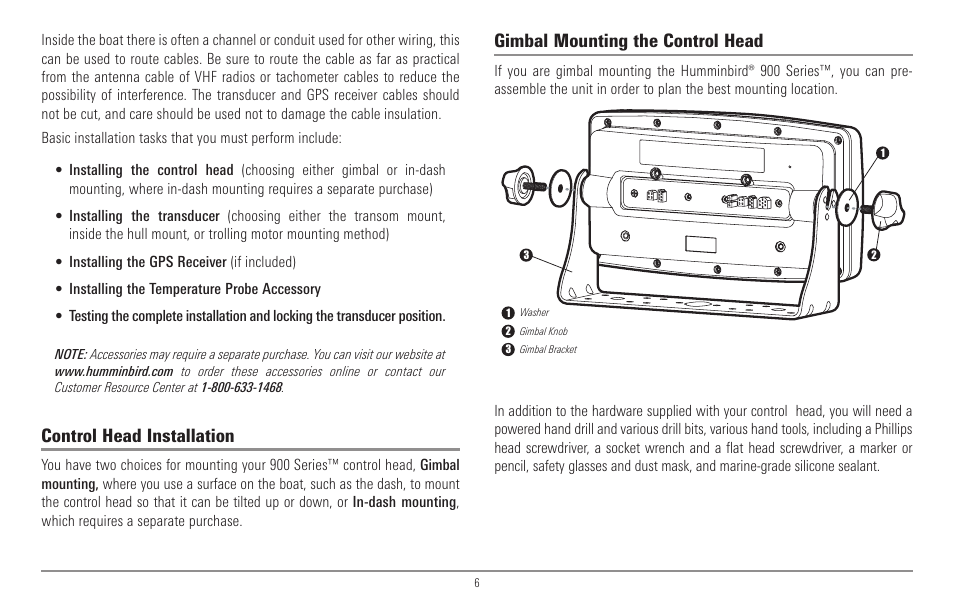 Control head installation, Gimbal mounting the control head | Humminbird 967C User Manual | Page 14 / 143