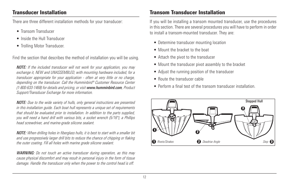 Transducer installation, Transom transducer installation | Humminbird 967C User Manual | Page 20 / 143